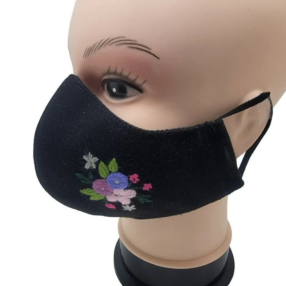 New Face cover ear loop black Mask Women's Embroidered handmade Flowers design
